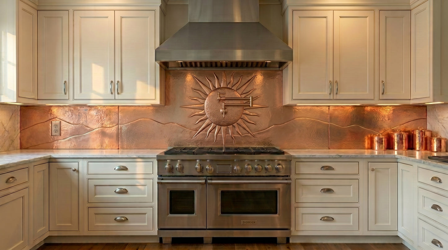 Handcrafted sunburst copper oversized kitchen backsplash featuring a dramatic raised sun design and flowing landscape details. Custom made from real copper for large kitchens, professional ranges, and luxury custom backsplash installations.