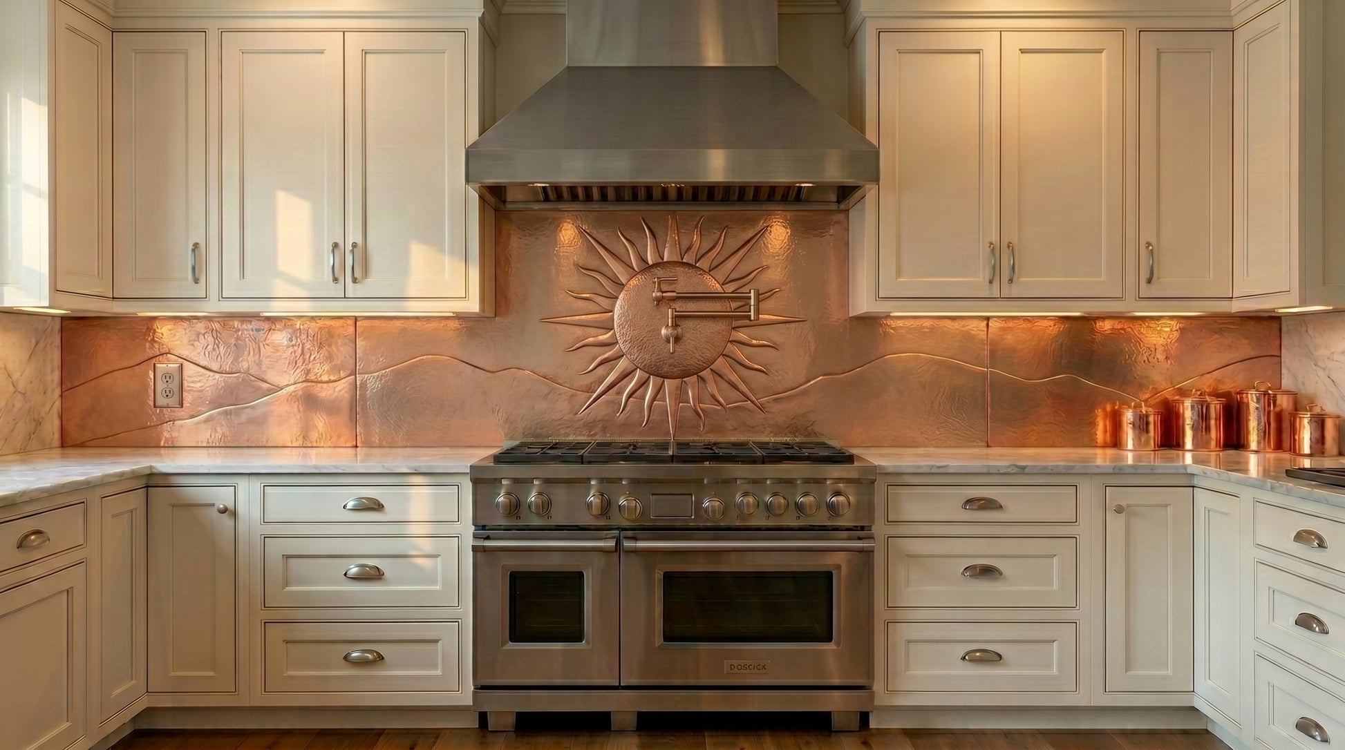 Handcrafted sunburst copper oversized kitchen backsplash featuring a dramatic raised sun design and flowing landscape details. Custom made from real copper for large kitchens, professional ranges, and luxury custom backsplash installations.