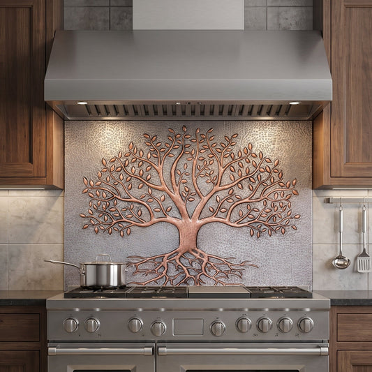 Tree With Roots Copper Backsplash — Silver–Copper