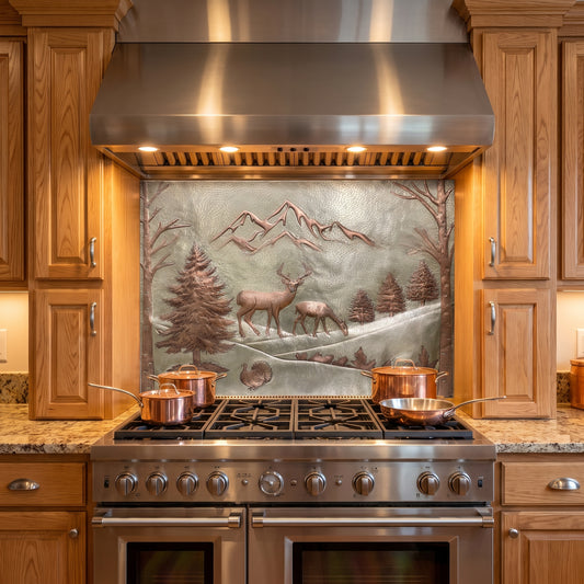 Mountain Pines & Deer Copper Backsplash — Silver–Copper