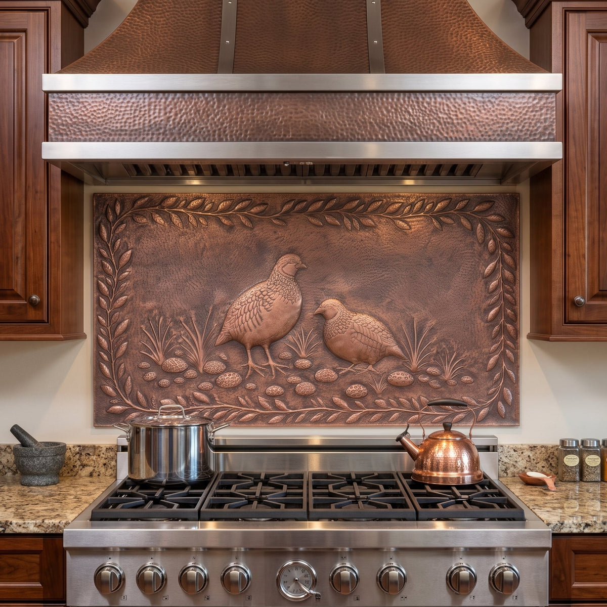 A copper kitchen backsplash tile featuring embossed birds and foliage, installed behind a stainless steel gas range in a wood cabinetry kitchen.