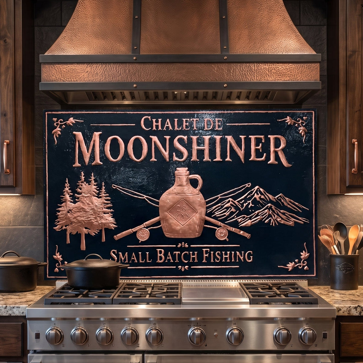 A rustic kitchen backsplash tile featuring a dark navy blue background with copper-pink text reading 'Chalet De Moonshiner' and 'Small Batch Fishing,' along with illustrations of a jug, trees, mountains, and crossed fishing rods. The tile is installed behind a stainless steel gas range and under a copper range hood, surrounded by dark wood cabinetry.