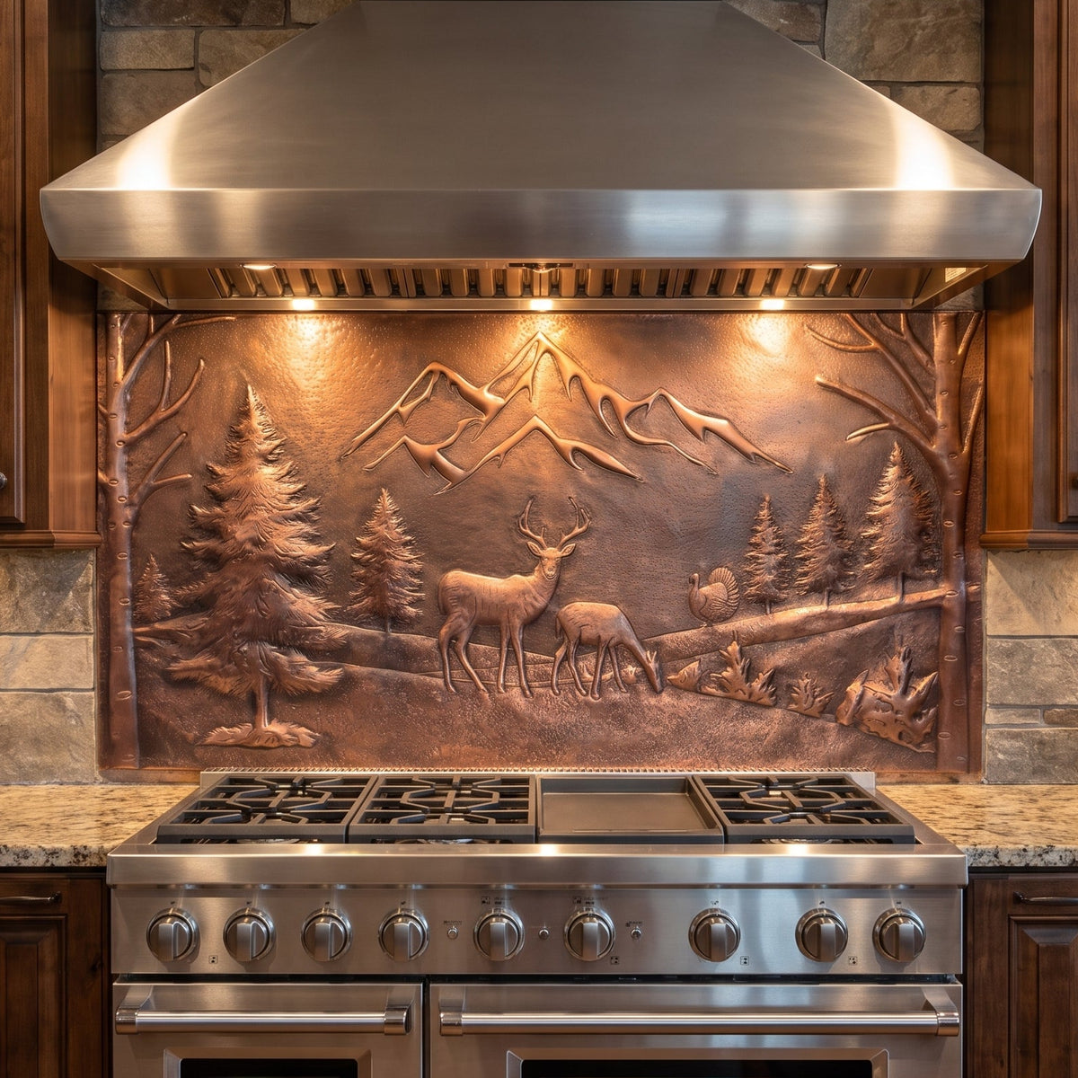 Mountain Pines & Deer Copper Backsplash — Brown Copper