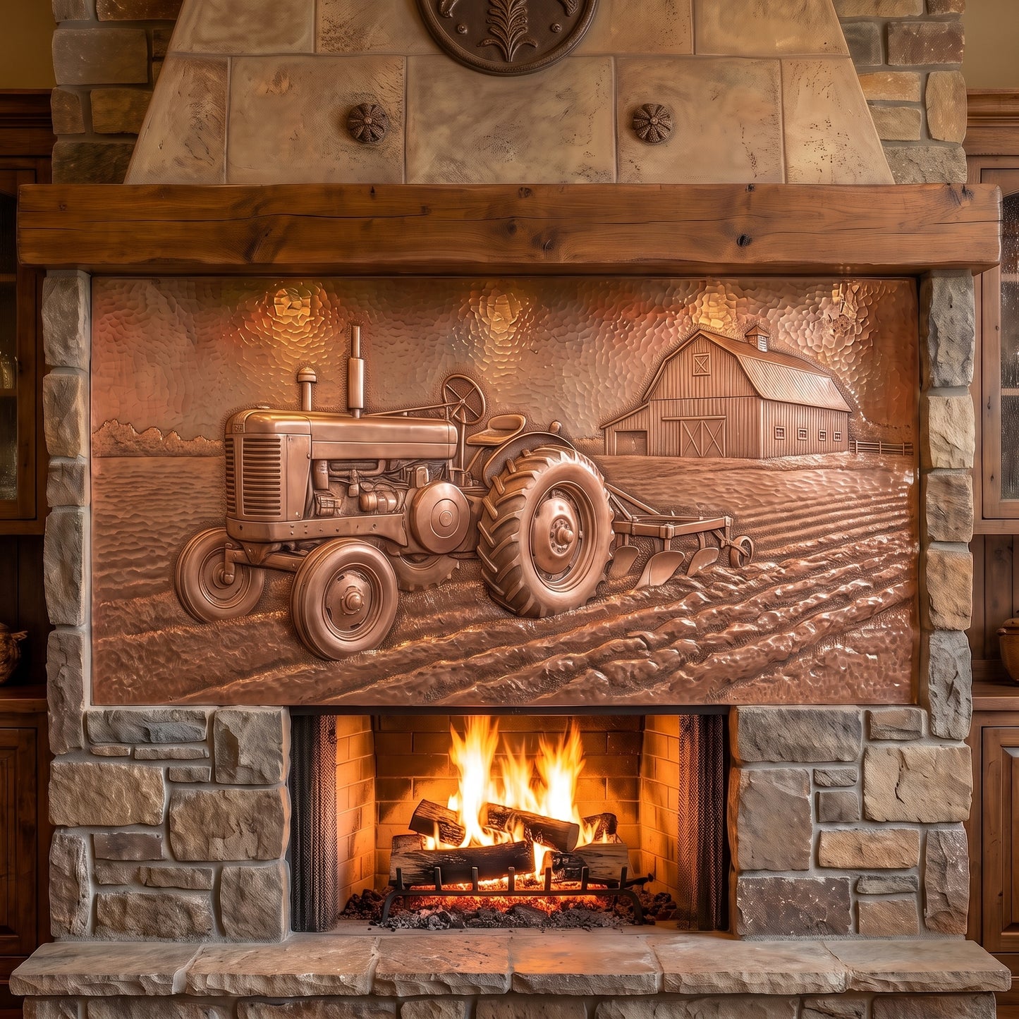 Hand-hammered tractor and barn wall art made from real copper, featuring a vintage farm tractor pulling a plow through freshly worked fields with a traditional barn and distant farmland in raised copper relief, displayed above a stone fireplace.