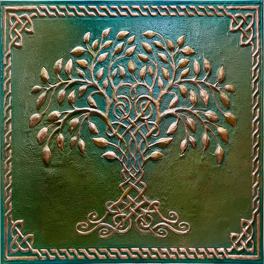 A square decorative wall tile featuring a raised Celtic-style tree of life motif in metallic bronze tones over a textured dark green background, surrounded by a matching ornate border.