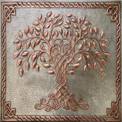 A square decorative wall plaque featuring a raised Celtic-style tree of life with copper-toned branches and leaves on a textured gray background, surrounded by an ornate braided border.