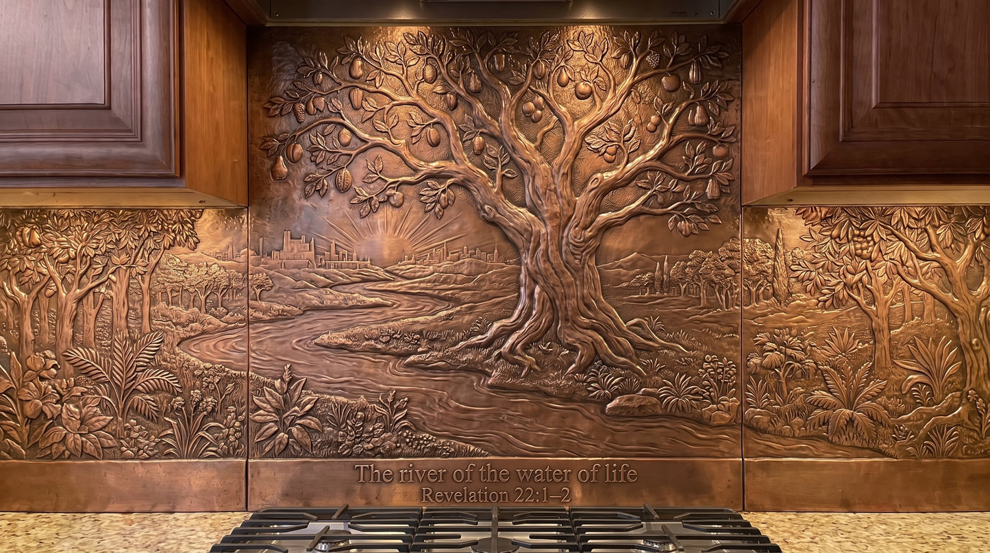 Handcrafted Tree of Life & River of Life copper kitchen backsplash inspired by Revelation 22:1–2, with a large Tree of Life behind the range and a winding river, trees, foliage, and landscape arranged across the full copper backsplash under the kitchen cabinets.