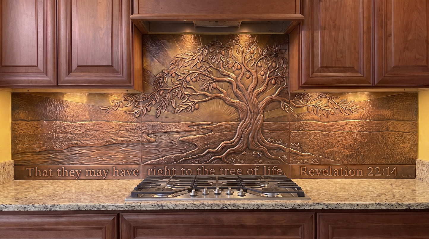 Tree of Life at Dawn copper kitchen backsplash inspired by Revelation 22:14, featuring a large Tree of Life beside living water with an open landscape and the impression of dawn formed through raised metalwork and textured copper across the range-wall backsplash.