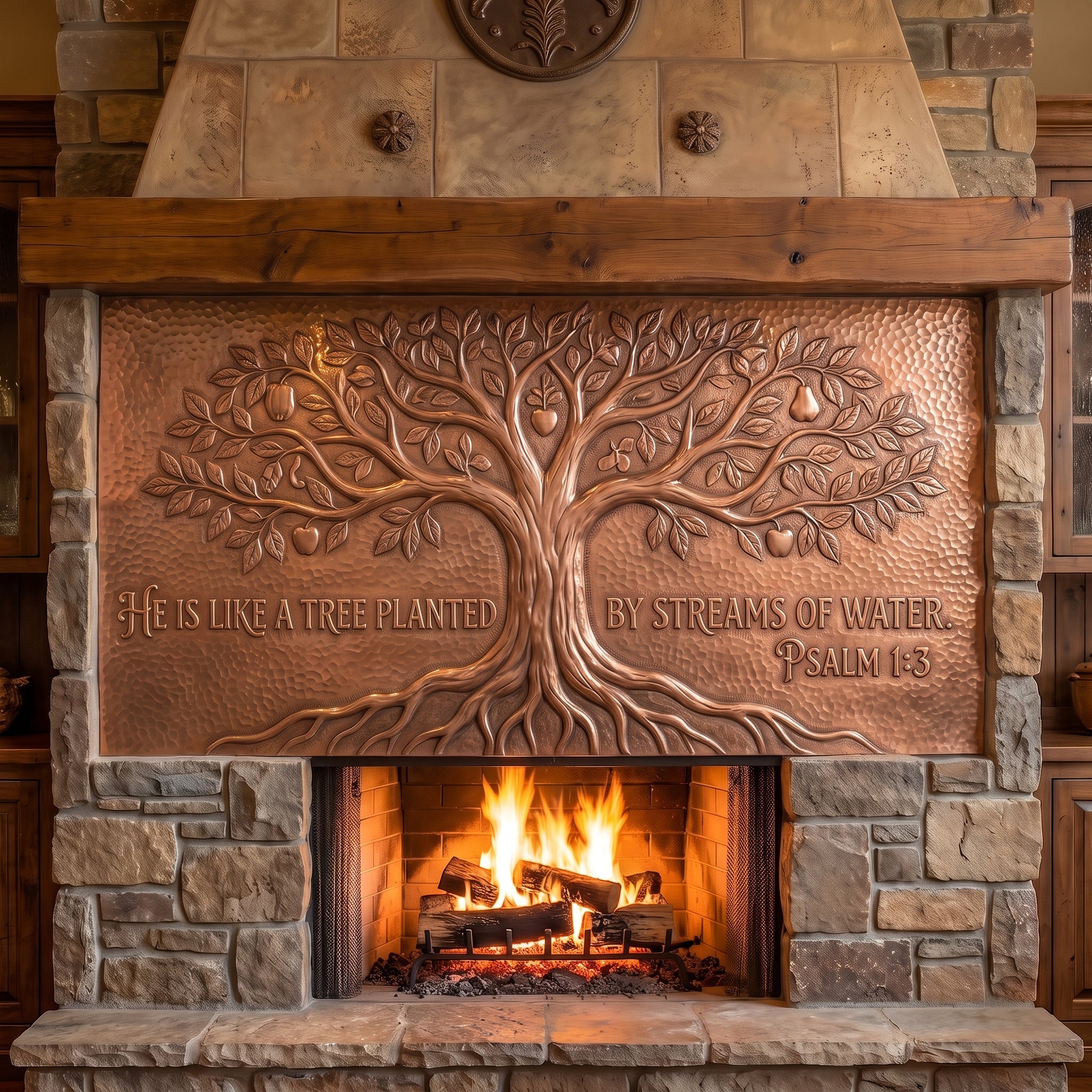 Hand-hammered Tree of Life Bible verse wall art made from real copper, featuring a large tree with spreading branches, detailed leaves, exposed roots, and Psalm 1:3 in raised copper lettering on a textured hammered copper background.