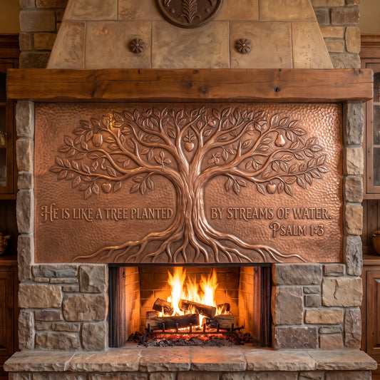 Hand-hammered Tree of Life Bible verse wall art made from real copper, featuring a large tree with spreading branches, detailed leaves, exposed roots, and Psalm 1:3 in raised copper lettering on a textured hammered copper background.