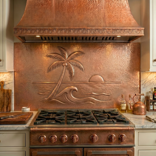 Handmade Tropical Style Copper Kitchen Backsplash crafted from real copper. Featuring a palm tree, ocean waves, and sunset-inspired coastal scenery. Custom sizes available. Perfect for tropical, coastal, island, beach house, and resort-style kitchens.