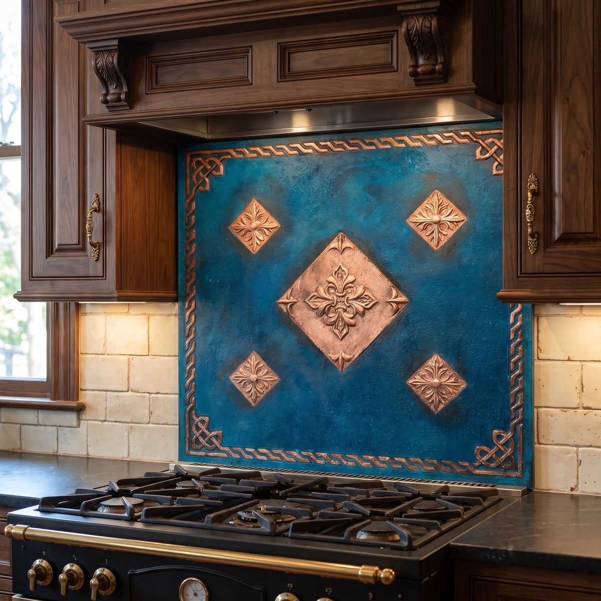 Fleur-de-Lis Copper Kitchen Backsplash - Blue Patina -