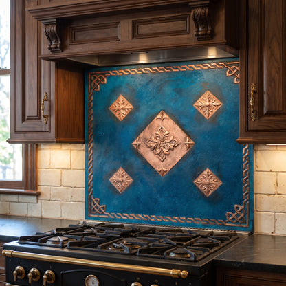 Fleur-de-Lis Copper Kitchen Backsplash - Blue Patina -