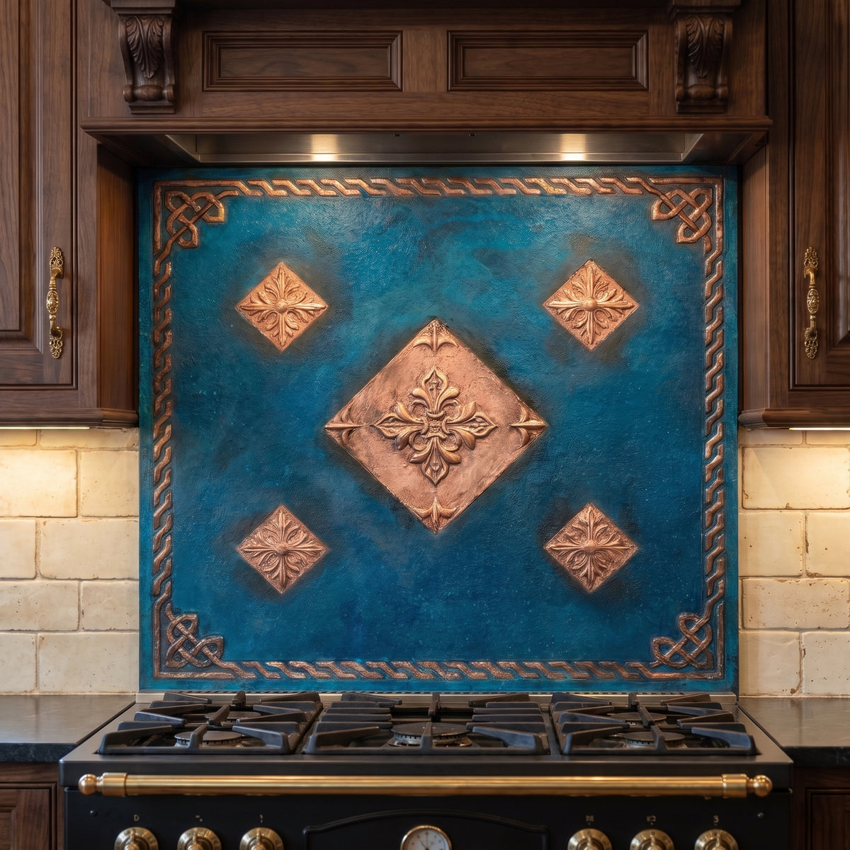 Fleur-de-Lis Copper Kitchen Backsplash - Blue Patina -