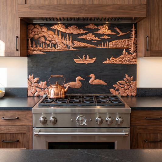 Lake Fishing Scene Copper Kitchen Backsplash
