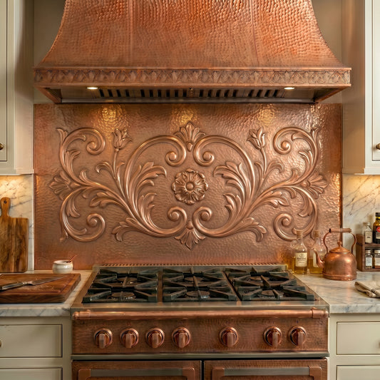 Handmade Victorian Style Copper Kitchen Backsplash crafted from real copper. Featuring elegant scrollwork, floral motifs, and classic Victorian ornamentation. Custom sizes available. Perfect for traditional, Victorian, and luxury kitchens.