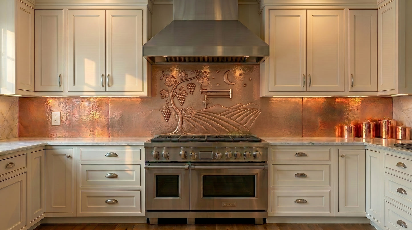 Handcrafted vineyard copper extra-wide kitchen backsplash featuring grapevines, vineyard landscapes, and real copper repoussé artwork. Custom copper kitchen backsplash designed for large ranges, farmhouse kitchens, Tuscan homes, wine-inspired interiors, and luxury custom kitchens.