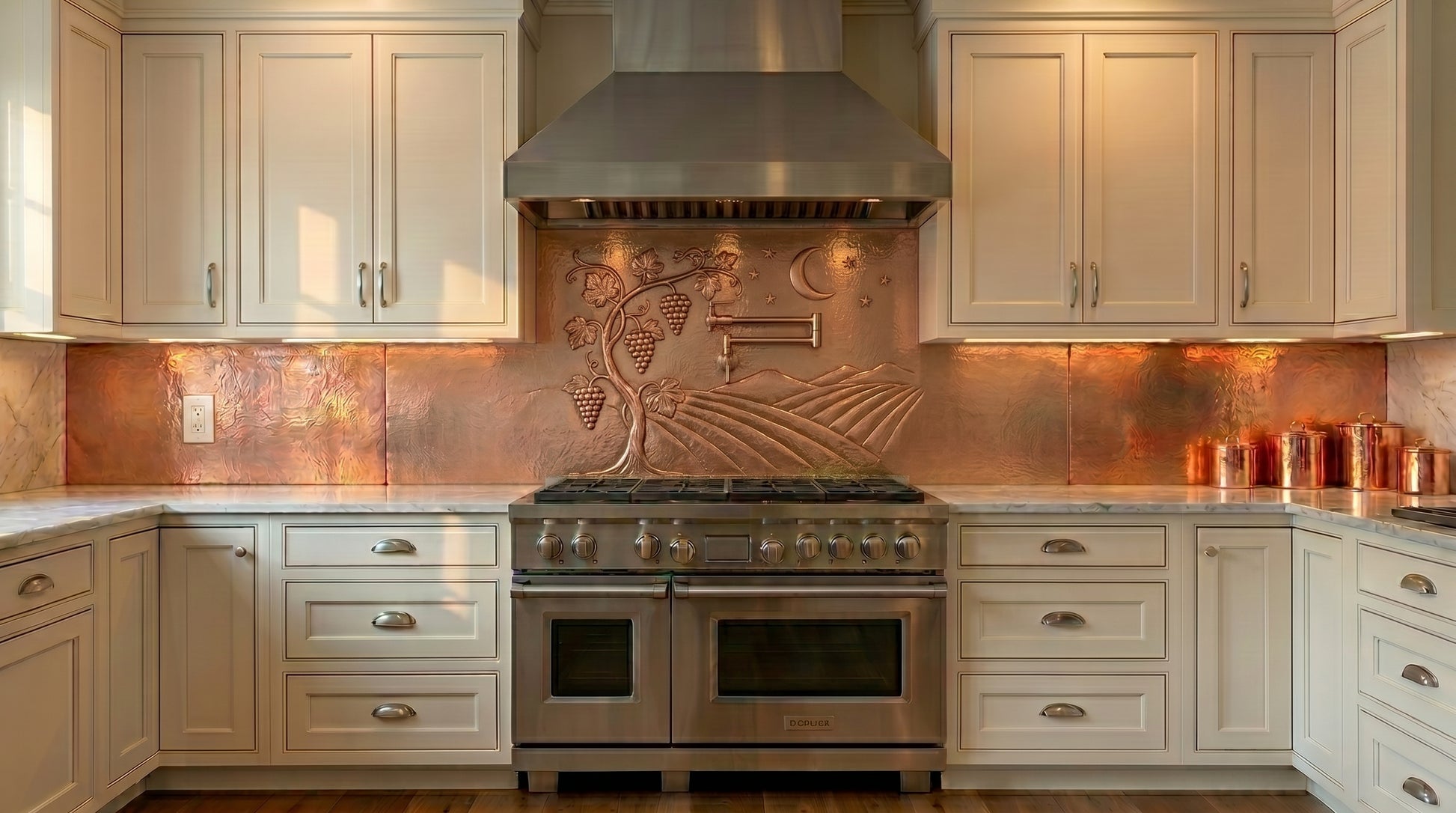 Handcrafted vineyard copper extra-wide kitchen backsplash featuring grapevines, vineyard landscapes, and real copper repoussé artwork. Custom copper kitchen backsplash designed for large ranges, farmhouse kitchens, Tuscan homes, wine-inspired interiors, and luxury custom kitchens.