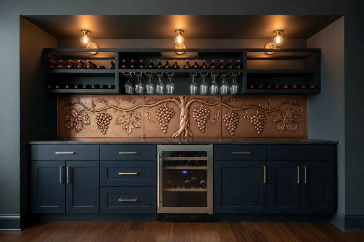 Handcrafted vineyard copper wine bar backsplash featuring grape clusters, vines, and vineyard-inspired copper artwork. Custom copper backsplash for wine rooms, home bars, tasting rooms, beverage stations, cellar spaces, and luxury entertainment areas.