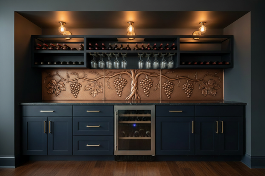 Handcrafted vineyard copper wine bar backsplash featuring grape clusters, vines, and vineyard-inspired copper artwork. Custom copper backsplash for wine rooms, home bars, tasting rooms, beverage stations, cellar spaces, and luxury entertainment areas.