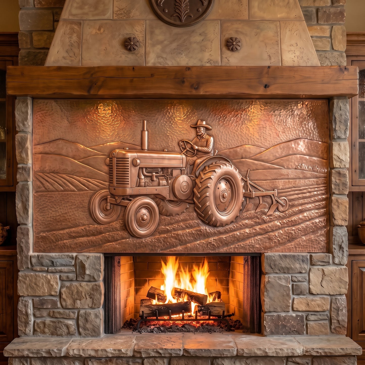 Hand-hammered vintage tractor portrait made from real copper, featuring a farmer driving a classic tractor and plowing a field with rolling farmland in the background, created with raised copper relief and displayed above a stone fireplace.