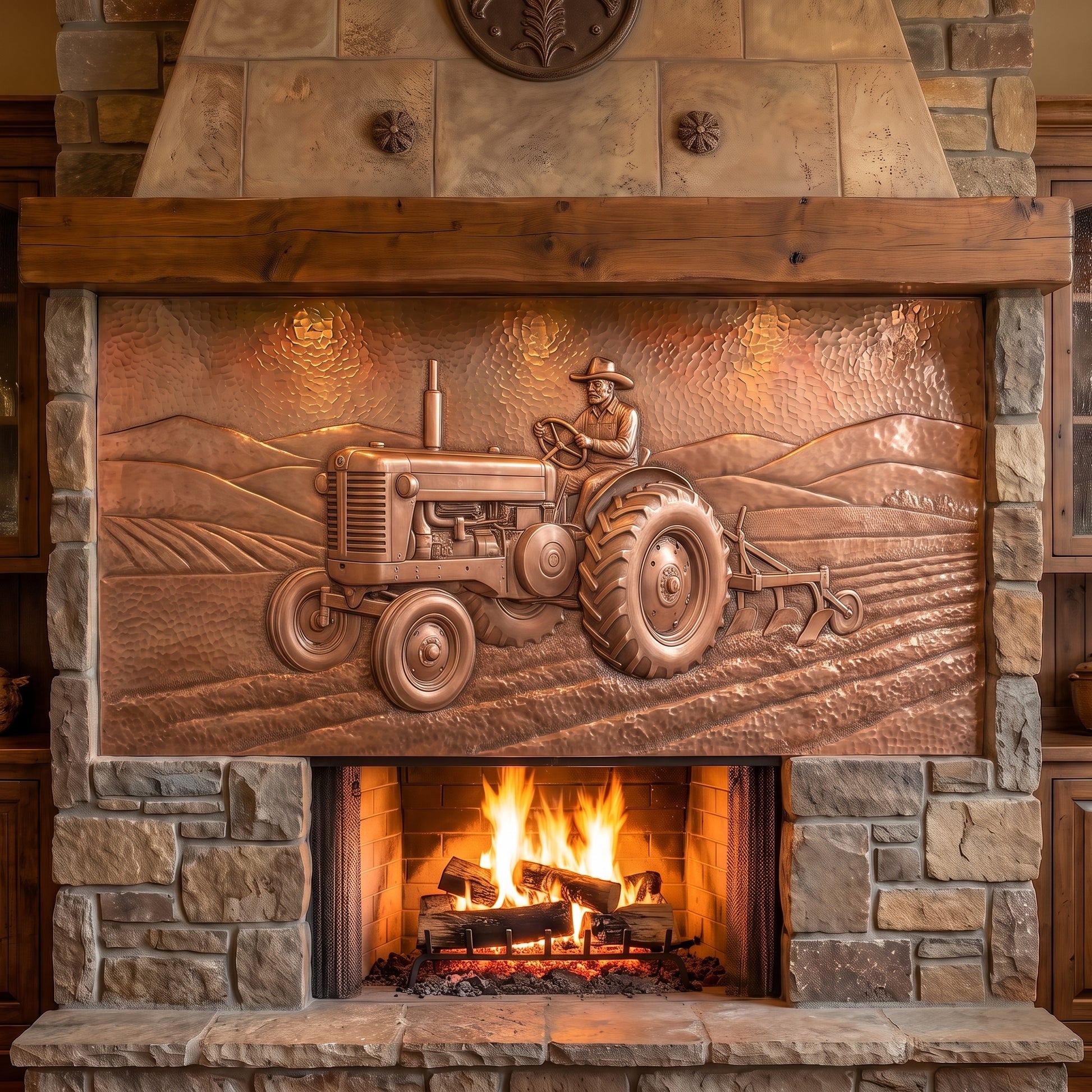 Hand-hammered vintage tractor portrait made from real copper, featuring a farmer driving a classic tractor and plowing a field with rolling farmland in the background, created with raised copper relief and displayed above a stone fireplace.