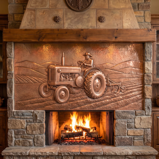 Hand-hammered vintage tractor portrait made from real copper, featuring a farmer driving a classic tractor and plowing a field with rolling farmland in the background, created with raised copper relief and displayed above a stone fireplace.