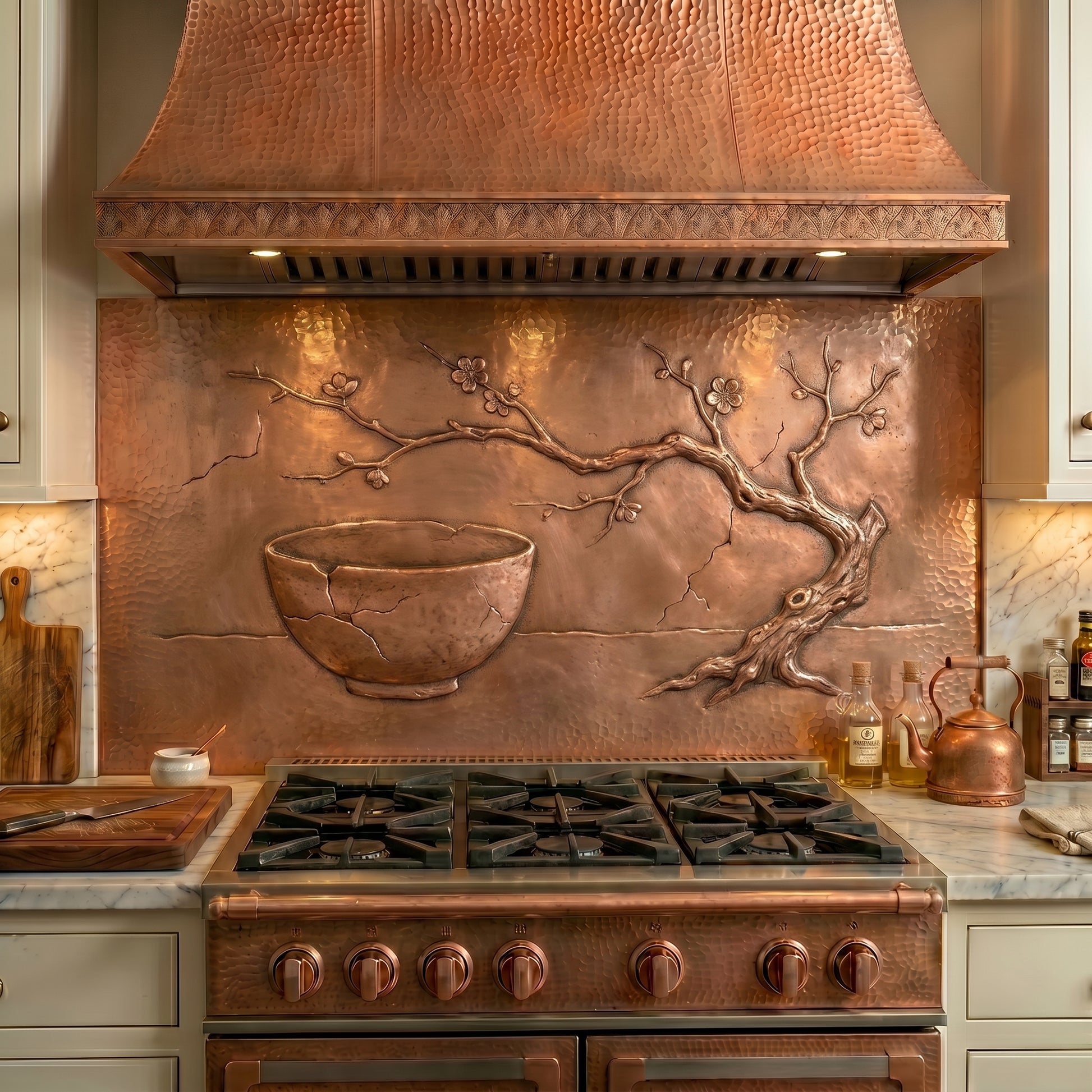 Handmade Wabi-Sabi Style Copper Kitchen Backsplash crafted from real copper. Inspired by Japanese aesthetics, natural imperfections, and timeless simplicity. Custom sizes available. Perfect for Zen, Japandi, minimalist, and contemporary kitchens.