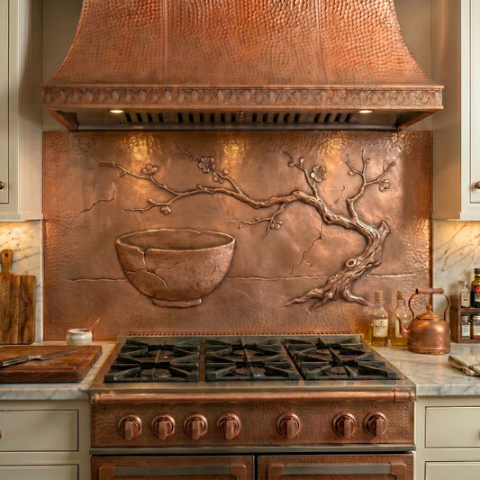 Handmade Wabi-Sabi Style Copper Kitchen Backsplash crafted from real copper. Inspired by Japanese aesthetics, natural imperfections, and timeless simplicity. Custom sizes available. Perfect for Zen, Japandi, minimalist, and contemporary kitchens.