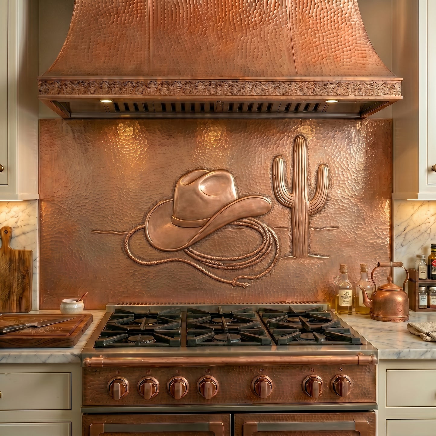 Handmade Western Style Copper Kitchen Backsplash crafted from real copper. Featuring a cowboy hat, lasso, and saguaro cactus inspired by ranch and Southwestern living. Custom sizes available. Perfect for Western, rustic, and country kitchens.