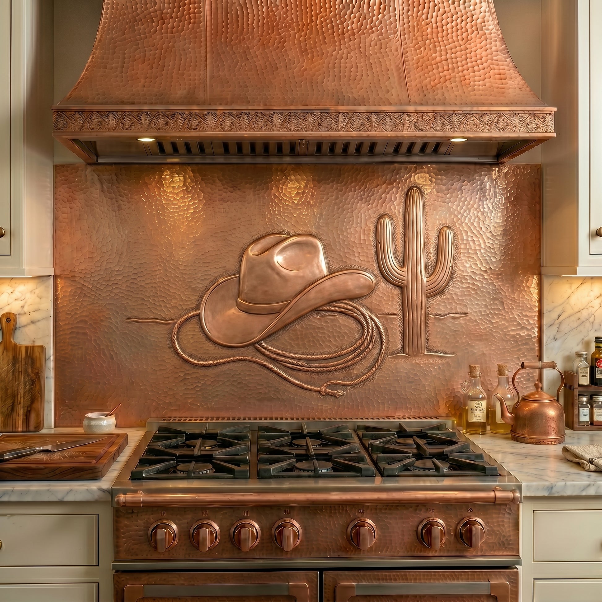 Handmade Western Style Copper Kitchen Backsplash crafted from real copper. Featuring a cowboy hat, lasso, and saguaro cactus inspired by ranch and Southwestern living. Custom sizes available. Perfect for Western, rustic, and country kitchens.