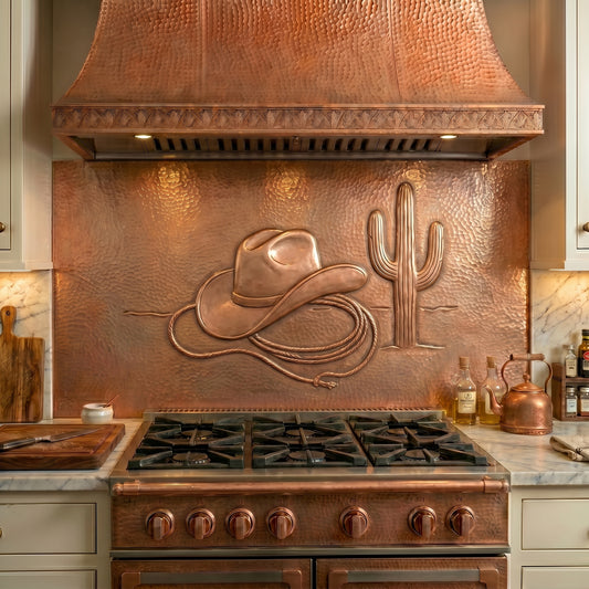 Handmade Western Style Copper Kitchen Backsplash crafted from real copper. Featuring a cowboy hat, lasso, and saguaro cactus inspired by ranch and Southwestern living. Custom sizes available. Perfect for Western, rustic, and country kitchens.