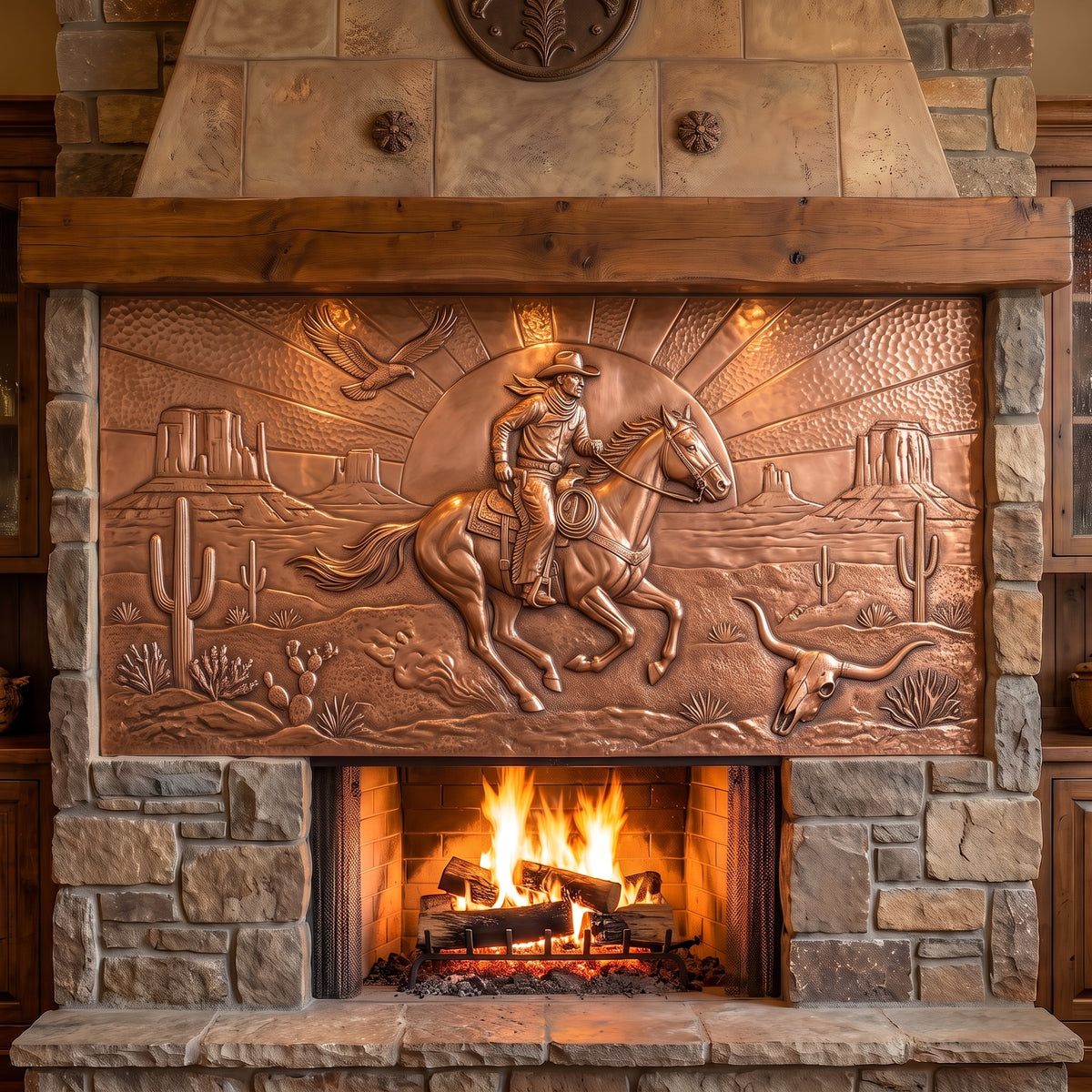 Western Cowboy Copper Fireplace Panel