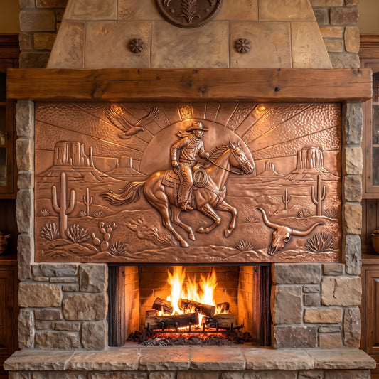 Western Cowboy Copper Fireplace Panel
