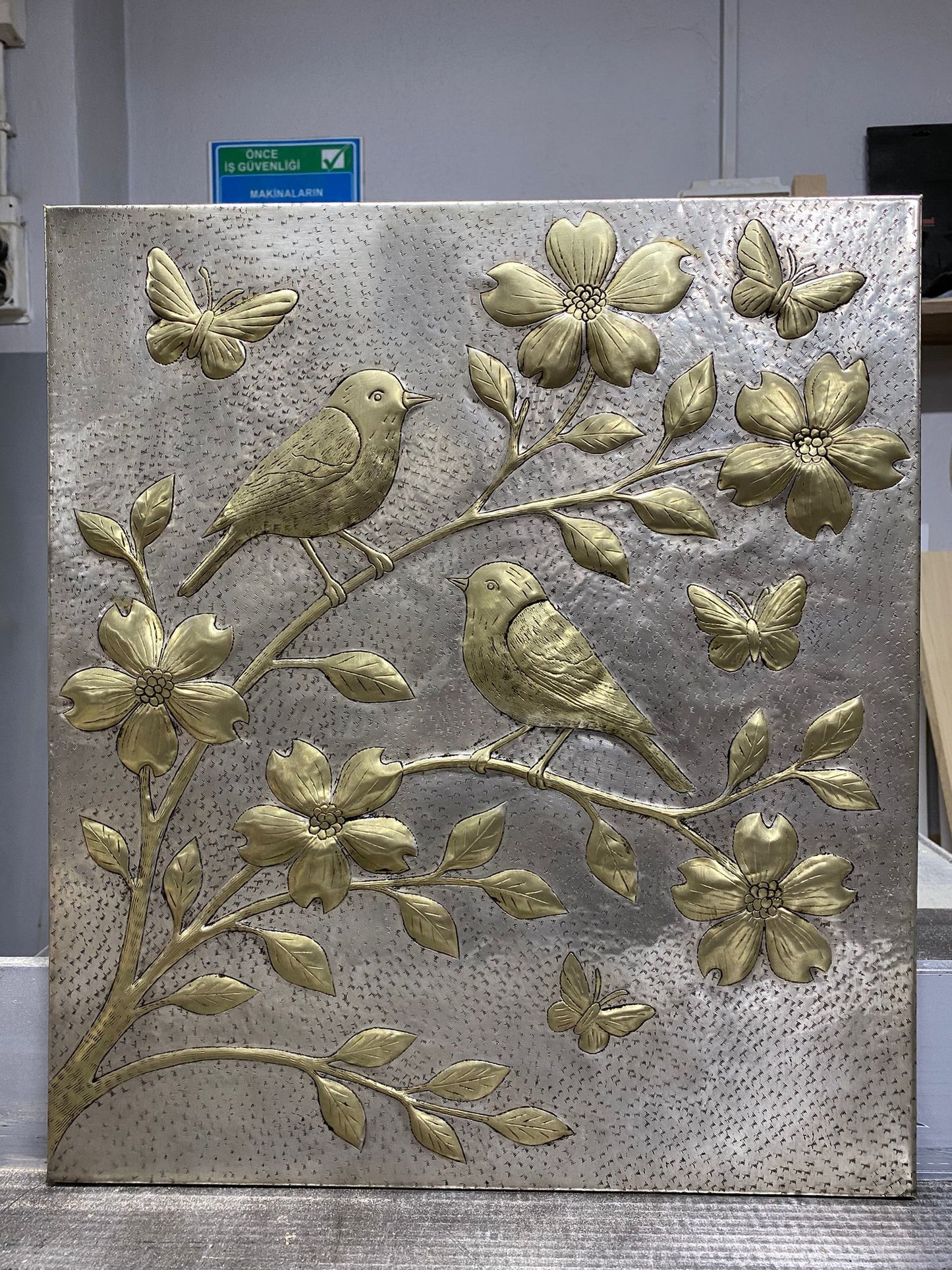 Handmade Silver - Gold Metal Stove Backsplash Panel with Birds and Flowers - Natuross