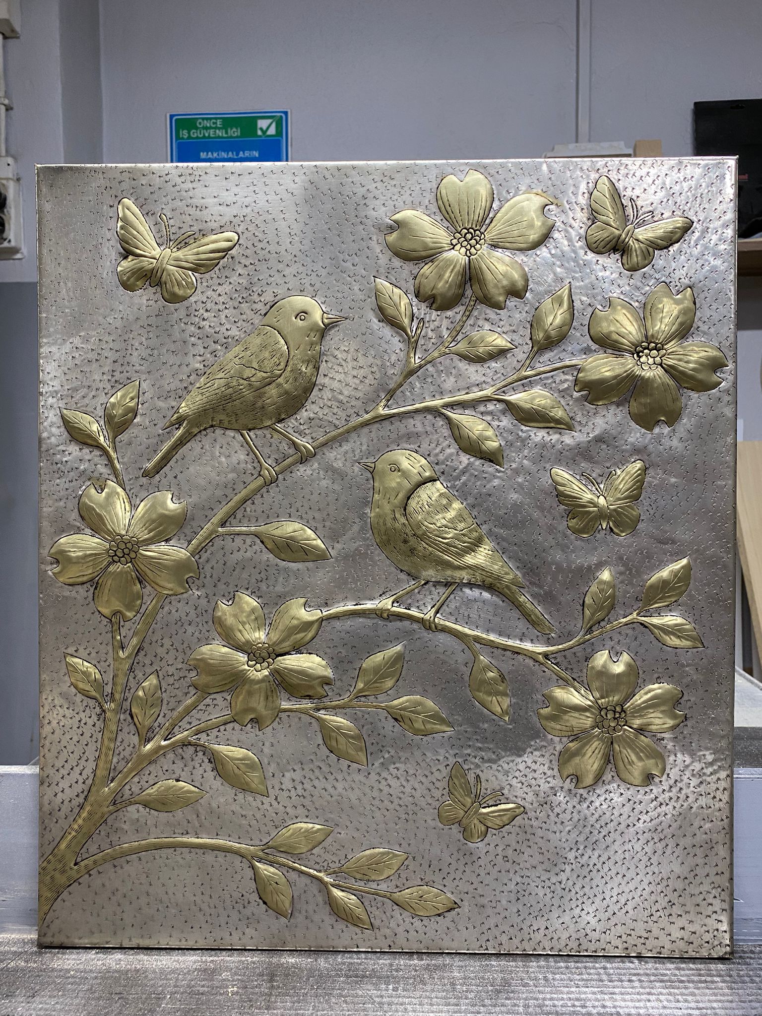 Handmade Silver - Gold Metal Stove Backsplash Panel with Birds and Flowers - Natuross