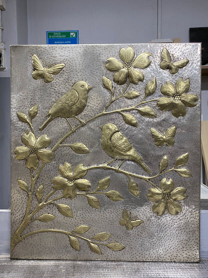 Handmade Silver - Gold Metal Stove Backsplash Panel with Birds and Flowers - Natuross