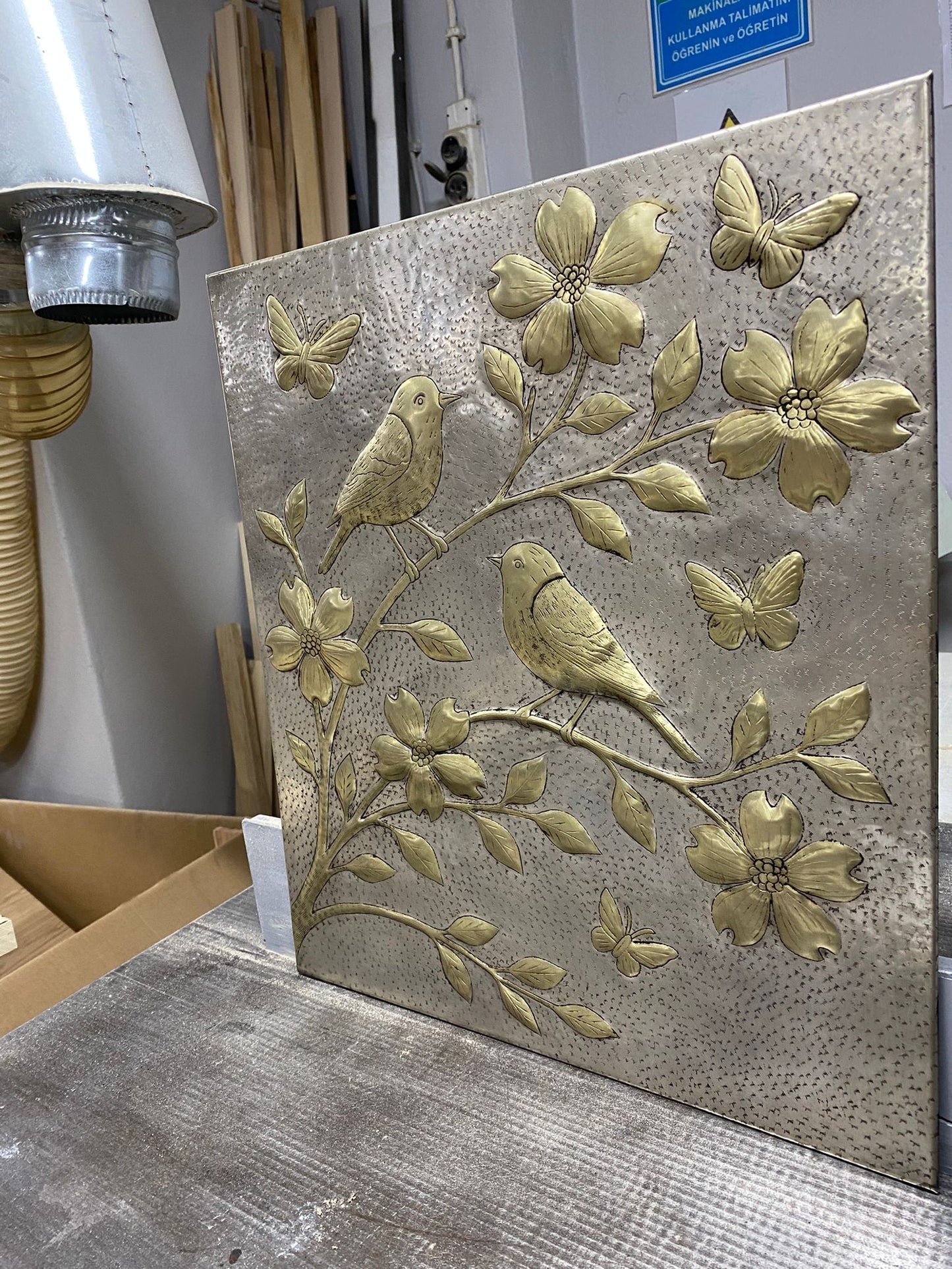 Handmade Silver - Gold Metal Stove Backsplash Panel with Birds and Flowers - Natuross