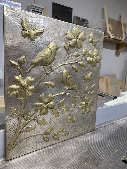 Handmade Silver - Gold Metal Stove Backsplash Panel with Birds and Flowers - Natuross