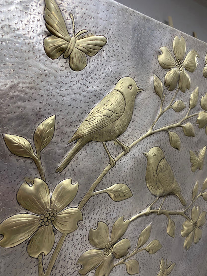 Handmade Silver - Gold Metal Stove Backsplash Panel with Birds and Flowers - Natuross