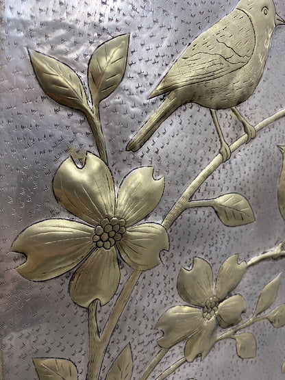 Handmade Silver - Gold Metal Stove Backsplash Panel with Birds and Flowers - Natuross