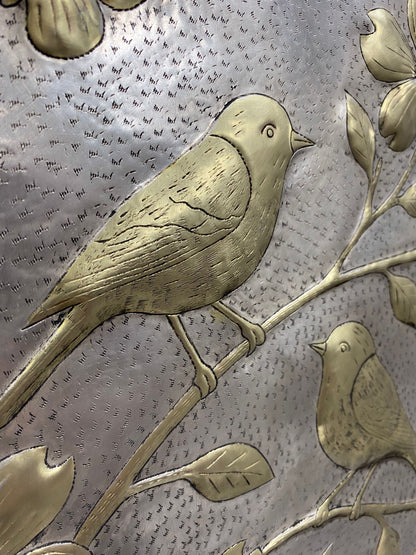 Handmade Silver - Gold Metal Stove Backsplash Panel with Birds and Flowers - Natuross