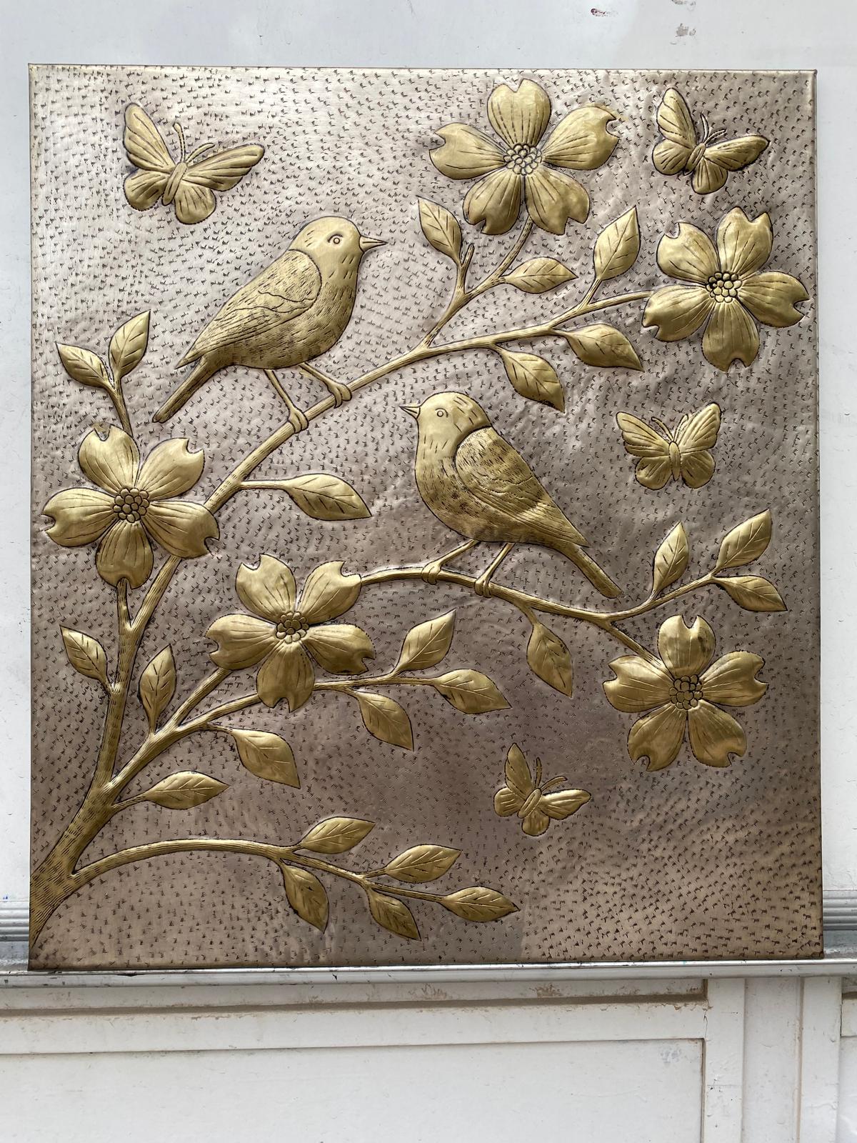 Handmade Silver - Gold Metal Stove Backsplash Panel with Birds and Flowers - Natuross