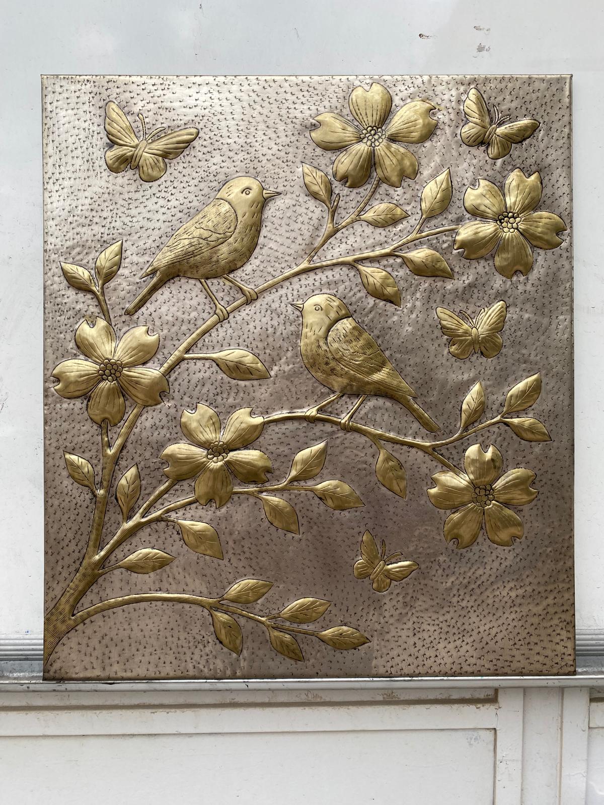 Handmade Silver - Gold Metal Stove Backsplash Panel with Birds and Flowers - Natuross