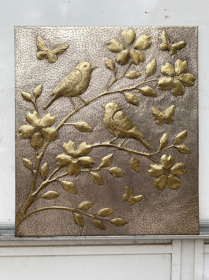 Handmade Silver - Gold Metal Stove Backsplash Panel with Birds and Flowers - Natuross