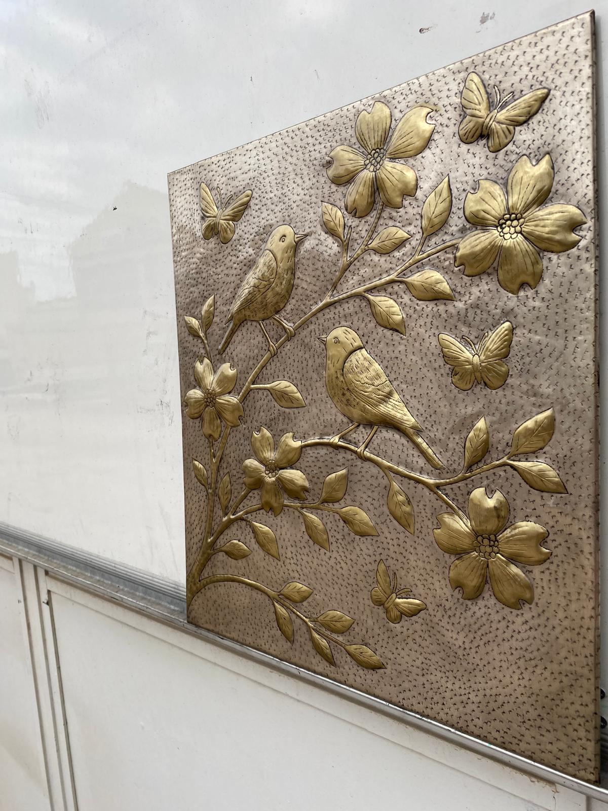 Handmade Silver - Gold Metal Stove Backsplash Panel with Birds and Flowers - Natuross