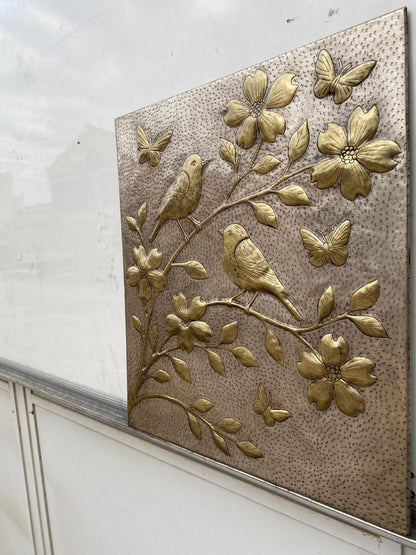 Handmade Silver - Gold Metal Stove Backsplash Panel with Birds and Flowers - Natuross