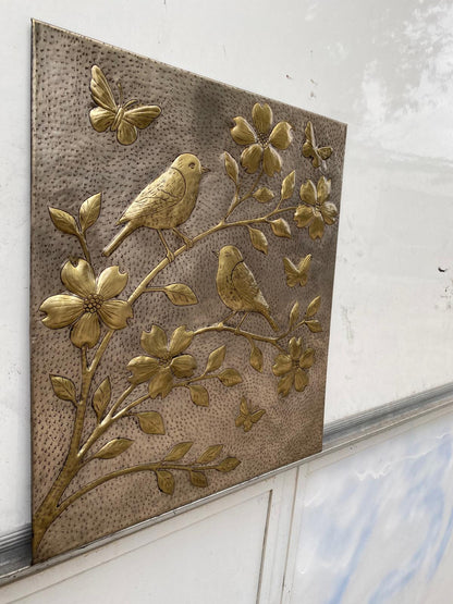 Handmade Silver - Gold Metal Stove Backsplash Panel with Birds and Flowers - Natuross