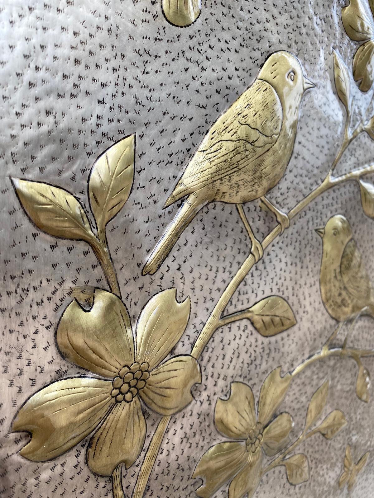 Handmade Silver - Gold Metal Stove Backsplash Panel with Birds and Flowers - Natuross