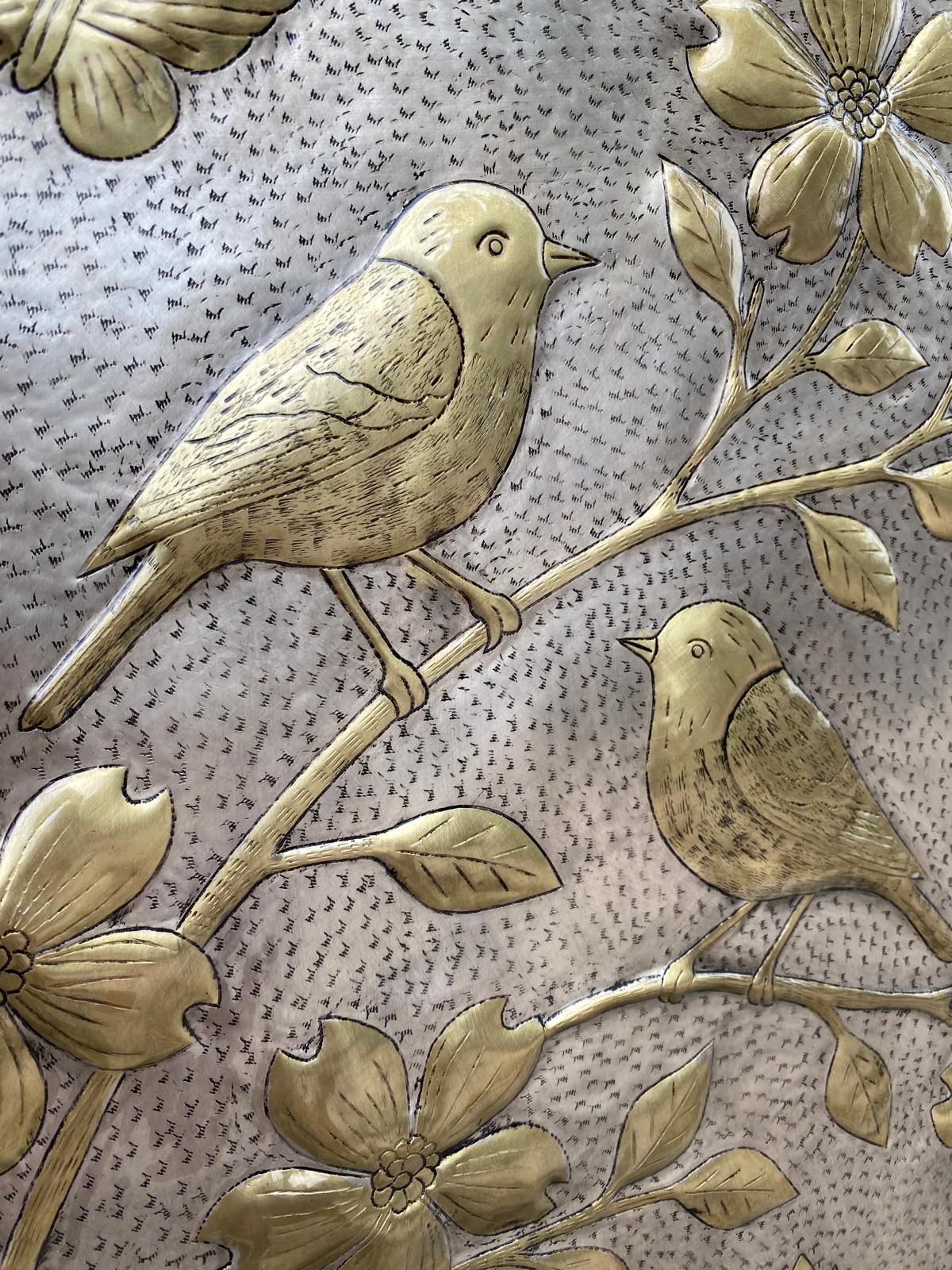Handmade Silver - Gold Metal Stove Backsplash Panel with Birds and Flowers - Natuross